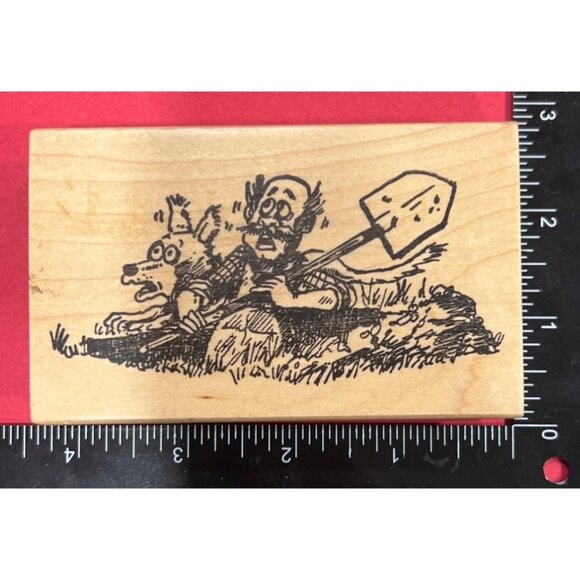 Unbranded Wood Mounted Rubber Stamp Grave Digger Grave Yard Halloween Comic - Picture 1 of 2